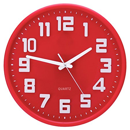 Egundo Non-Ticking Wall Clock 3D Digital Plastic Elegant Red 12 Inches Silent clocks Decorative Quartz Movement Battery Operated for Kitchen Bedrooms Living Room Office