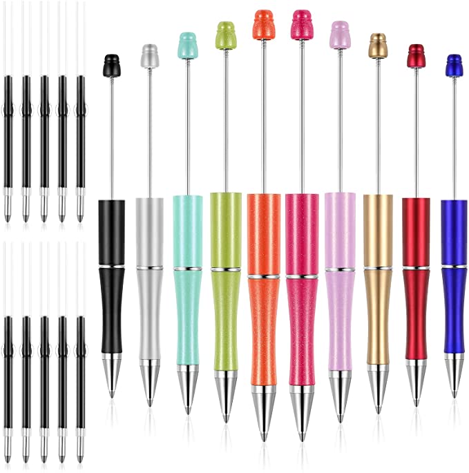 Plastic Beadable Pen Bead Ballpoint Pen Assorted Bead Pen Shaft Black Ink Rollerball Pen with Extra Refills for Kids Students Office School Supplies, 10 Colors (10)