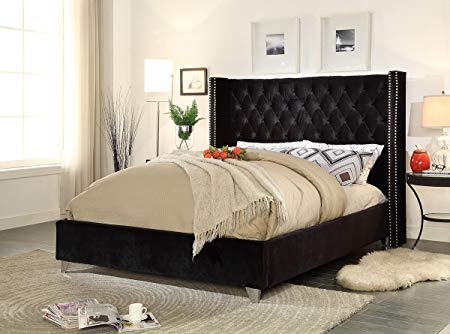 Meridian Furniture AidenBlack-Q Aiden Velvet Upholstered Button Tufted Wingback Bed with Chrome Nailhead Trim and Custom Chrome Legs, Queen, Black