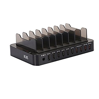 iKits (CE/FCC Verified) 10-Port USB Charging Station Dock,4 Port Fast Charging 6 Port 5V 1A, with Smart IC Technology for iPhone/ iPad & More (Black 10 port)