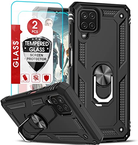 Samsung Galaxy A12 Case, Samsung A12 Case Cover with [2 Pack] Tempered Glass Screen Protector, LeYi [Military-Grade] Magnetic Ring Kickstand Protective Phone Case for Samsung Galaxy A12 5G, Black