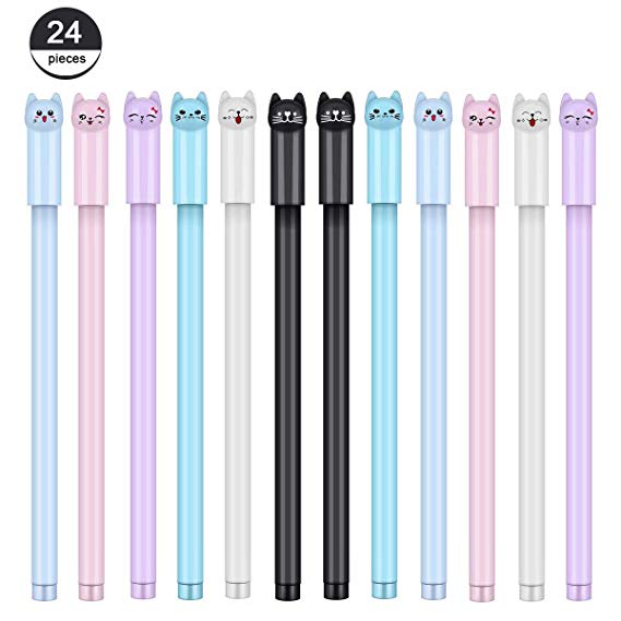 Pens Cute Cat 24 PCS Leaflai Kawaii 0.38mm Black Gel Ink Pen Ballpoint Pens for School Office Writing Supplies 6 Style Boys and Girls (24 PCS)