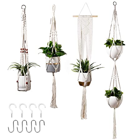 POTEY 4-Pack Macrame Plant Hangers with 8 Hooks, Hanging planters for Indoor Outdoor Plants，Handmade Cotton Rope Hanging Planters Set Flower Pots Holder Stand, Boho Home Decor(Plant&Pot NOT Included)