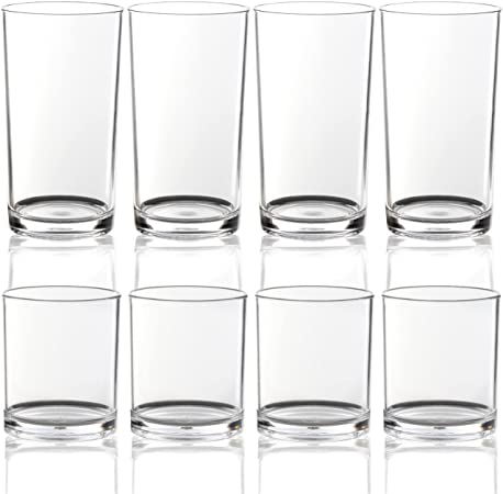 Youngever Set of 8 Plastic Drinking Tumblers, Old Fashion Plastic Glasses, Reusable Plastic Cups for Whiskey and Beer (12 ounce & 16 ounce)
