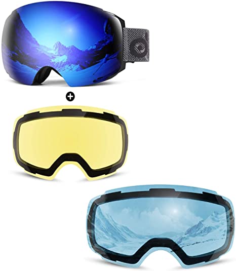 Odoland Magnetic Interchangeable Ski Goggles with 3 Lens, Large Spherical Frameless Snow Goggles for Men & Women, OTG and UV400 ProtectionA