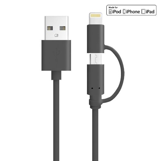 ThreeCat Apple MFi Certified 3FT 2 in 1 Lightning and Micro USB Sync and Charging Cable Power Cord for iPhone/iPad/iPod, Sumsung and other Android Devices,Black