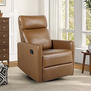 HULALA HOME Faux Leather Recliner Chair, 360 Degree Swivel Rocking Recliner Sofa Armchair, Home Theater Manual Reclining Chair for Living Room, Camel