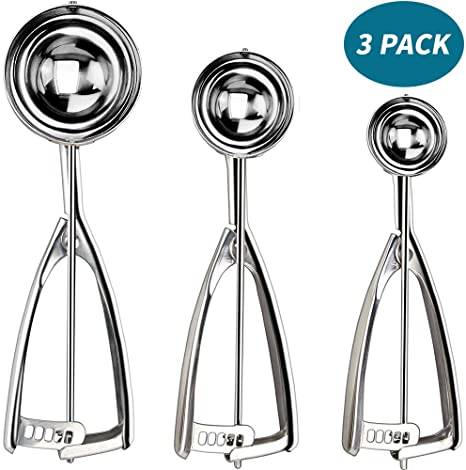 Cookie Scoop Set of 3, Ice Cream Scoop with Trigger for Baking Safety Stainless Steel Melon Baller Scoop include Small Medium Large Sizes