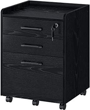 Rolanstar File Cabinet with 3 Drawer & 1 Lock, Rolling Mobile Filing Cabinet with Lip Edge, Office File Cabinet with Wheels for Letter/Legal Size Documents, Under Desk Black Vertical File Cabinet