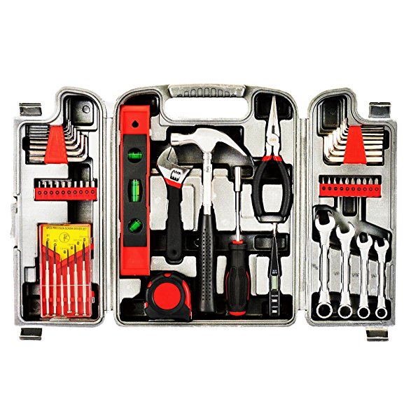 Yuanshikj Precision Tools General 53 Piece Tool Set Homeowner's Kit Toolbox Household Hand Plastic Storage Case Red Color