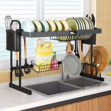Over The Sink Dish Drying Rack- Amzdeal 2-Tier Adjustable Dish Rack Drainer, 304 Stainless Steel Dish Rack Over Sink for Kitchen Countertop Organization & Storage, Space Saver Shelf Holder | 10 Hooks