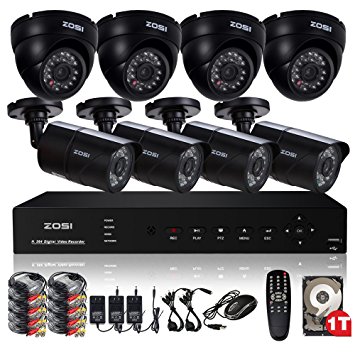 ZOSI 8-Channel 960H Security Surveillance System CCTV Kits with 8 High-Resolution 1000TVL indoor outdoor Cameras Smartphone QR Code Scan Quick Access, PC Easy Remote Access (1TB Hard Disk)