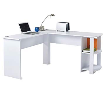 L-Shaped Office Computer Desk, Large Corner PC Table with 2 Shelves for Home and Office (White)