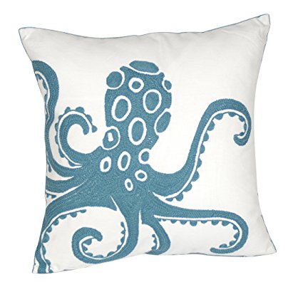 Embroidered Cute Nautical Animal Pillow Covers,Square 18 inch Decorative Canvas Pillow Cover For Nautical Style Deco By DECOPOW (SeaGreen-Octopus)