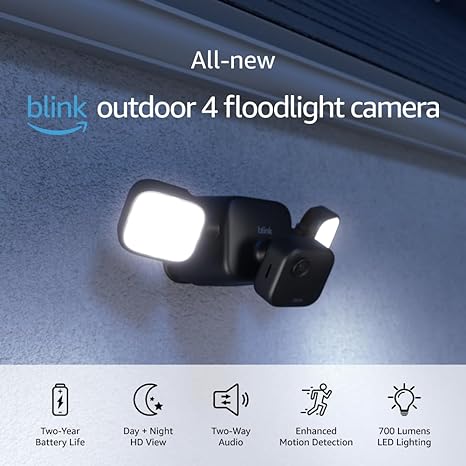 All-New Blink Outdoor 4 Floodlight Camera – Wire-free smart security camera, 700 lumens, two-year battery life, HD live view, enhanced motion detection, Works with Alexa- 1 camera system