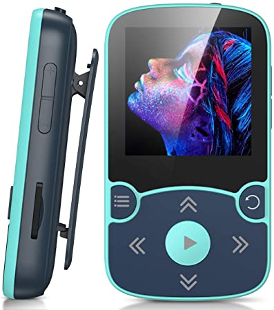 32GB MP3 Player with Clip, AGPTEK Bluetooth 5.0 Lossless Sound with FM Radio, Voice Recorder for Sport Running, Supports up to 128GB TF Card, Blue