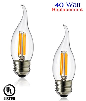 Luxrite LR21205 (2-Pack) LED Filament Medium Base Flame Tip Chandelier Light Bulb, 4-Watt Equivalent To 40w Incandescent Chandelier Bulb, Warm White 350 Lumens 2700K, 260° Beam spread degree, 15,000 Hour Life, E26 Medium Base UL-Listed