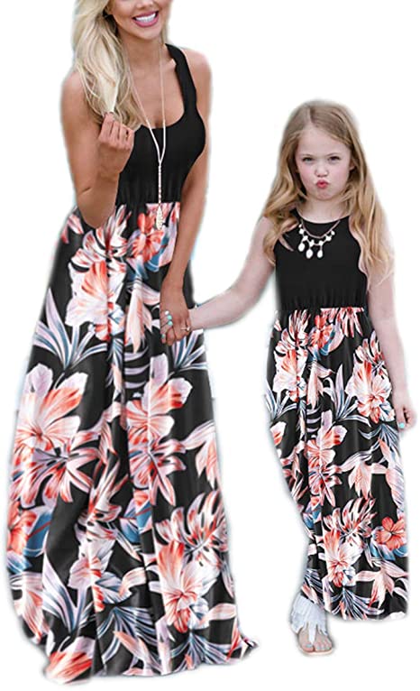 Mommy and Me Dresses Casual Floral Family Outfits Summer Matching Maxi Dress