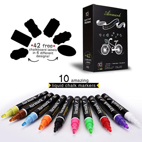 Liquid Chalk Markers Washable Pens,10 Colored Erasable with 42 Free Reusable Chalkboard Labels,Neon Plus Earth Colors 6mm Reversible Tip - Safe & Easy to Use