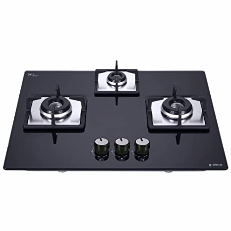 Elica Hob 3 Italian Burner Auto Ignition Glass Top - 2 Medium Lotus and 1 Small Lotus Burner Gas Stove (Flexi HCT 360 DX Lotus BK), Black