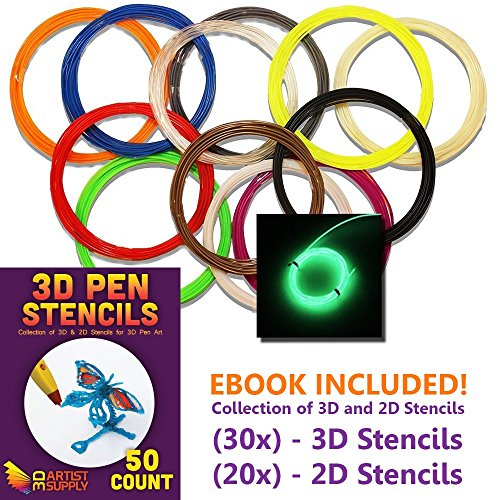 3D Pen Filament Refills - 50 STENCIL EBOOK and BONUS GLOW IN THE DARK COLOR INCLUDED - 175mm ABS - 240 Linear Feet Total of 12 Different Colors in 20 Foot Lengths