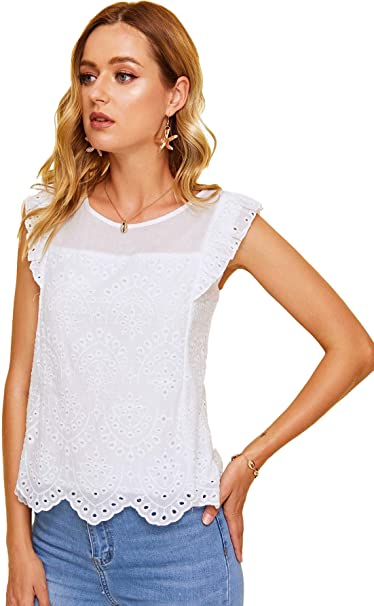 DIDK Women's Sheer Embroidery Ruffle Trim Scallop Hem Eyelet Tank Top Blouse