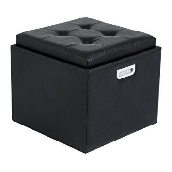 HomCom 14" Tufted Square Storage Ottoman with Tray - Black