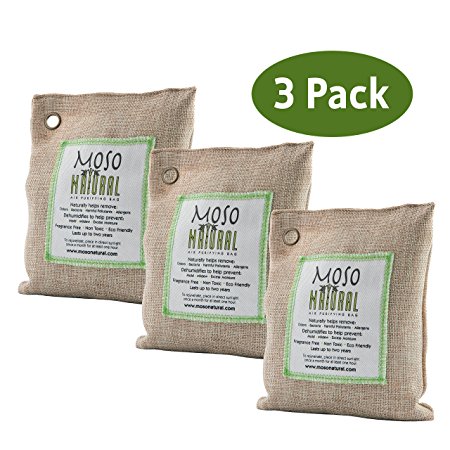 Moso Natural Air Purifying Bag. Odor Eliminator for Cars, Closets, Bathrooms and Pet Areas. Captures and Eliminates Odors. (Natural, 3 Pack)