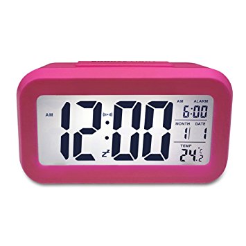 TOMTOO Alarm Clock Slim Digital Clock Large Display Travel Alarm Clock with Calendar & Large Display and Smart Night Light(White backlight) Lcd Home Alarm Clock (Rose)