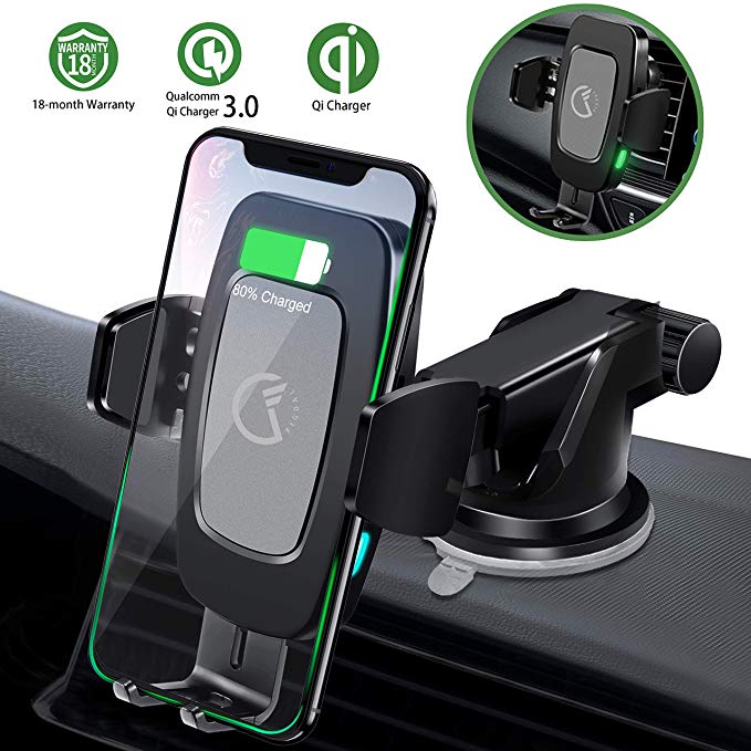 FiGoal Qi Wireless Car Charger Mount USB-Type C Port Auto Clamping 10W 7.5W Fast Charging Air Vent Windshield Dashboard Phone Holder Compatible with iPhone Xs MAX/XS/XR/X/8/8 , Samsung S10/S10 /S9/S9