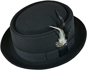 Differenttouch Men's Wool Felt Round Top Porkpie Pork Pie Short Brim Fedora Hats W/Feather