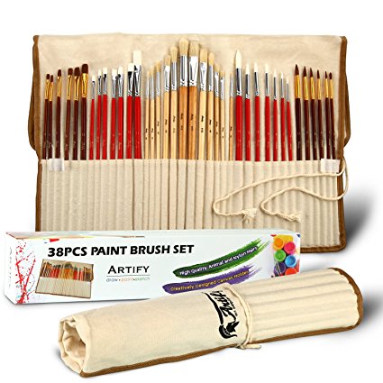 Artify 38 Pcs Paint Brushes Art Set for Acrylic Oil Watercolor Gouache| a Kit of High Quality Hog Pony and Nylon Hairs |Including Two Large Size Nylon Brushes and a Carrying Pouch