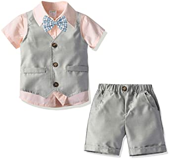 Little Boys Gentleman Formal Suit Set W/Vest,Short Pant,Shirt,Bow Tie,Baby Boys Short Sleeve Wedding Clothes 4Pcs Outfit