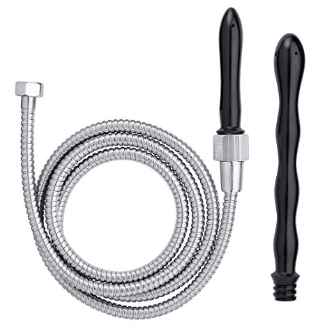 Cloud 9 Novelties Deluxe Anal or Vaginal Enema Premium Shower Kit with 2 Tips and 6 Foot Stainless Steel Hose, Black/Silver