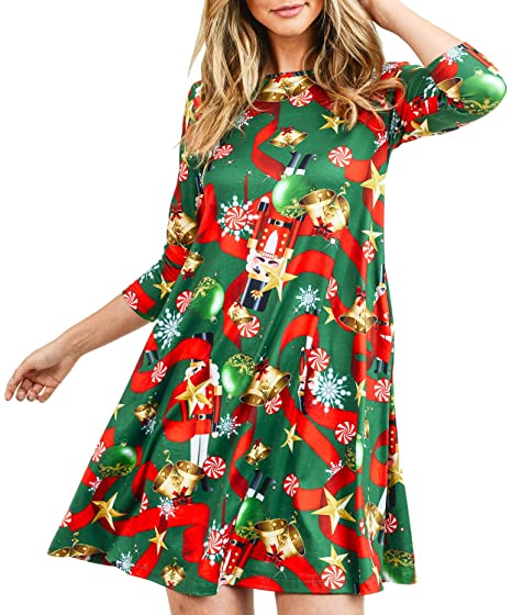 Women’s Printed Crew Neck A-Line Dresses with Pockets Casual Tropical Floral Novelty Animal Christmas Patterns