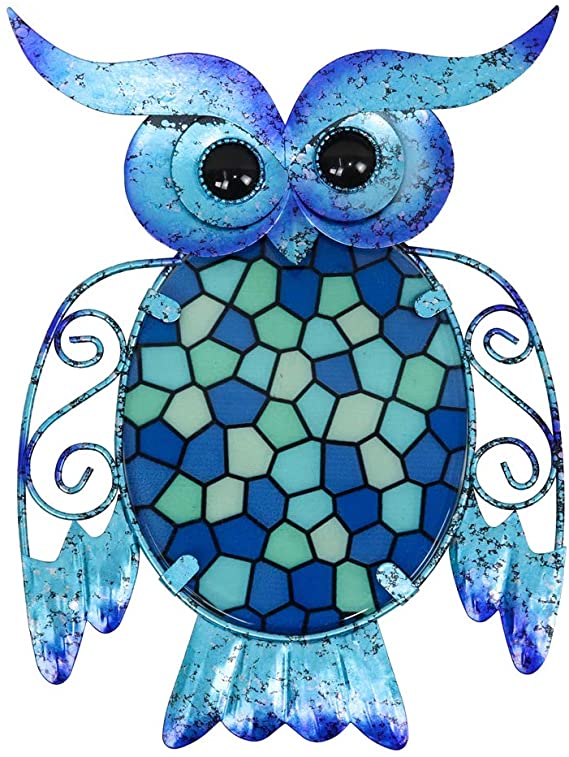 HONGLAND Metal Owl Wall Decor Blue Mosaic Glass Art Sculpture Hanging Glass Decorations for Home, Garden, Bedroom, Indoor, Outdoor