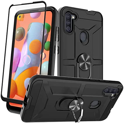 Hotuer for Galaxy A11 Case, Tempered Glass Screen Protector Rotatable Ring Kickstand Hard Armor Car Magnetic Mount Protective Case for Samsung Galaxy A11 - Black