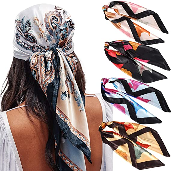 35” Satin Large Square Head Scarves - 4PCS Silk Like Neck Scarf Hair Sleeping Wraps Lightweight Satin Silk Scarfs for Women