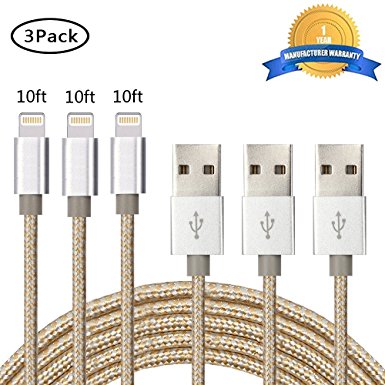 iPhone Cable BULESK 3Pack 10FT Nylon Braided Lightning to USB iPhone Charger Cord for iPhone 7 Plus 6S 6 SE 5S 5C 5, iPad 2 3 4 Mini Air Pro, iPod - Gold & Silver