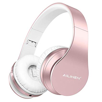 AILIHEN A80 Headphones Bluetooth 5.0 Wireless Over Ear Earphones Foldable 25 Hours Playtime Headsets with Microphone and Wired Mode for iOS Android Smartphones PC TV- Rose Gold