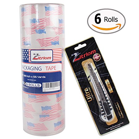 Packing Tape with Retractable Razor Knife Included Ultra Adhesive Clear Packaging - Box and Package Sealing Rolls for Shipping and Mailing - Fits Any Standard Guns and Dispensers (Set of 6)