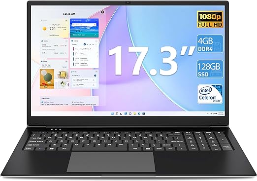 SGIN 17 Inch Laptops, 4GB RAM 128GB SSD Laptop Computer with 1920 * 1080 IPS Display, with Intel Celeron Quad Core Processor, Mini HDMI, Webcam, Bluetooth, 512GB Expansion, WiFi