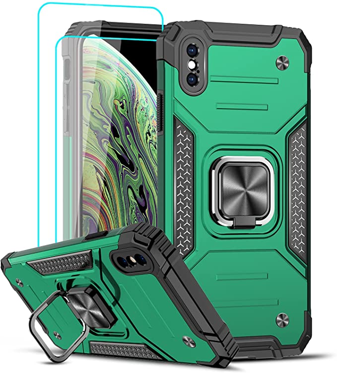 LeYi Compatible with iPhone Xs Max Case, with [2 x Tempered Glass Screen Protector] for Men Women, [Military-Grade] Protective Phone Cover Case with Ring Kickstand for iPhone Xs Max 6.5’’, Green