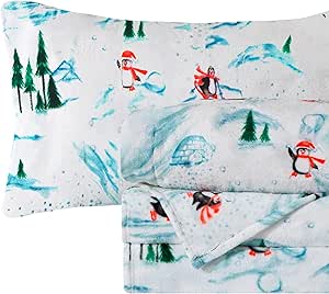 Elegant Comfort Luxuriously Soft 4-Piece Holiday Velvet Plush Flannel Sheet Set - Premium Quality - Cozy Warm, Christmas Fuzzy Velvet Flannel Fleece Deep Pocket Sheet Set - Twin XL, Skiing Penguins