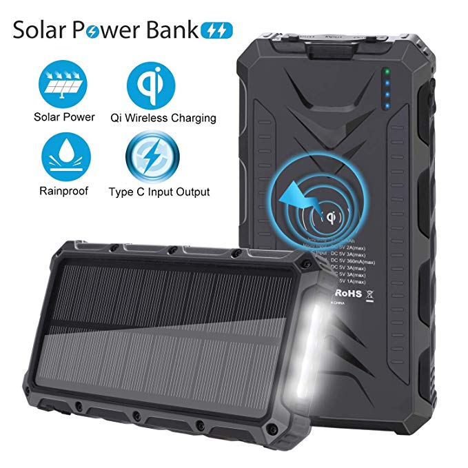 Solar Charger,SendowTek Wireless Portable Charger 12000mAh Solar Power Bank Backup Battery with Type C High-Speed 5V/3A 3 Output Ports 4 LED Light Carabiner Rainproof for Cellphone and Outdoor Camping