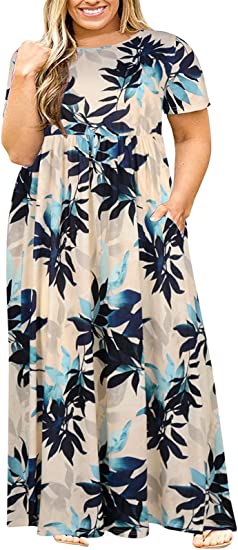 Nemidor Women Short Sleeve Loose Plain Casual Plus Size Long Maxi Dress with Pockets