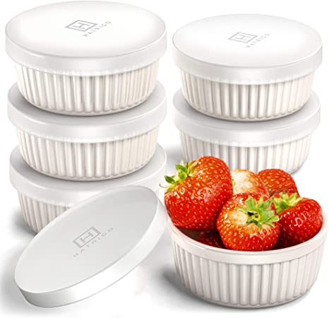 Hatrigo Porcelain Ramekins with Silicone Storage Lids, Set of 6 White Ramekins, 8 oz Oven Safe to 450 deg F, Dishwasher Safe