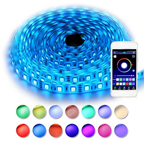 RaThun Bluetooth Led Strip Lights 5M 16.4 Ft 5050 RGB 300 Leds Waterproof Flexible Color Changing Full Kit with Bluetooth Smartphone App Controller,12V 5A Power Supply for Home lighting Decorative