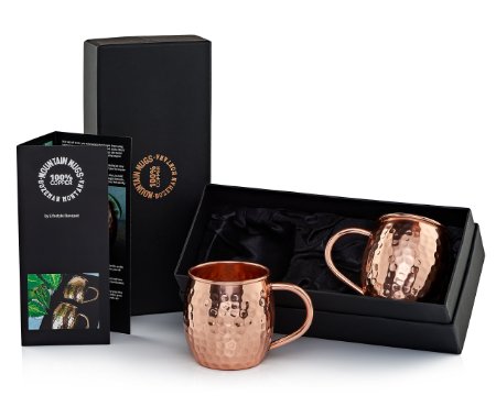 100% Copper Moscow Mule Mugs in Deluxe Gift Box - Authentic Set of 2 Hammered 'Mountain Mugs'. Each Holds 16 Ounces, is Made of Pure Solid Copper with No Nickel Lining and has Durable Welded Handles
