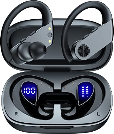 Bluetooth Headphones Wireless Earbuds 90H Playtime with 2200mAh Charging Case Dual Power Display Ear Buds Waterproof Over Ear Earphones with Earhooks for Sport Workout Laptop TV Computer Phone Black